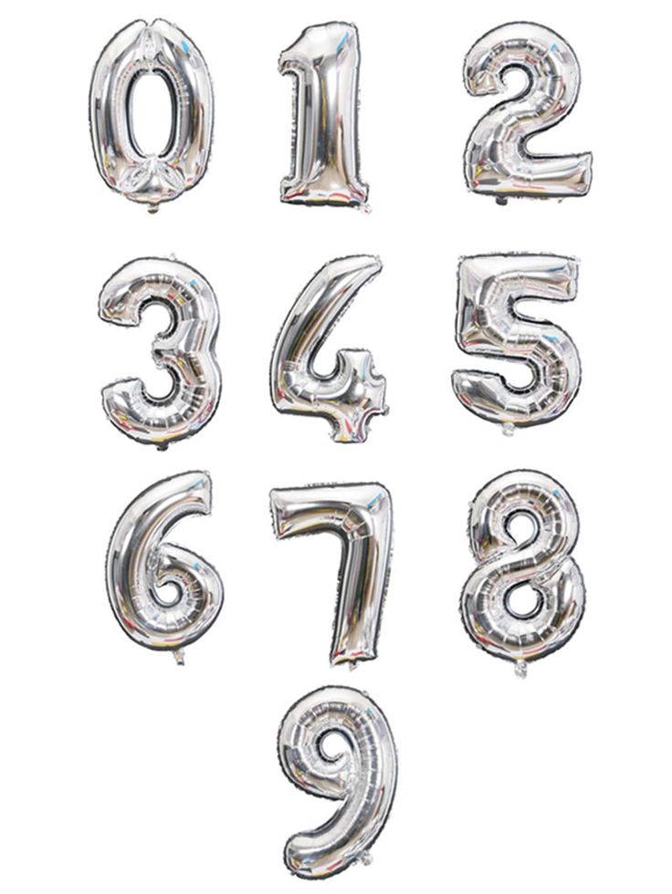 the number balloons are silver and have numbers on them