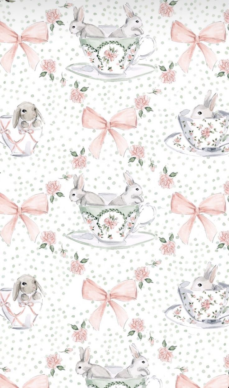 a white and pink wallpaper with rabbits in teacups