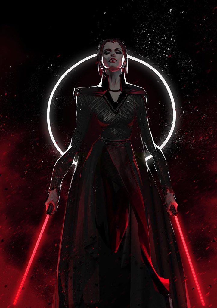 a woman dressed as darth vader standing in front of a dark background with red lights