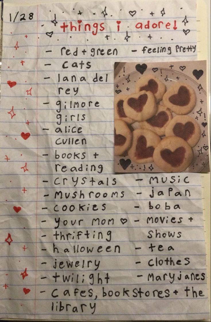 a piece of paper with writing on it and pictures of heart shaped cookies in the middle