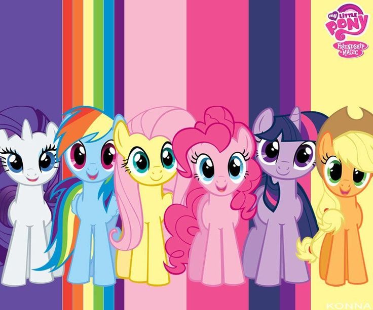 several little ponys are lined up in front of a rainbow striped background with the words,