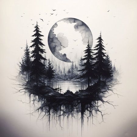 a painting with trees and the moon in the background