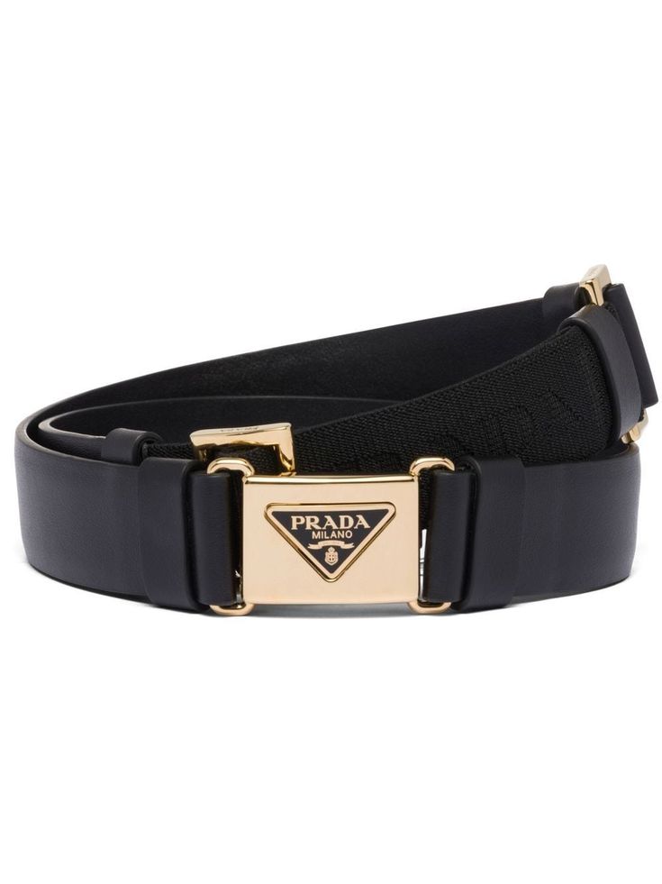 black calf leather triangle logo gold-tone hardware panelled design clasp fastening Designer Black Belt With Logo Strap, Luxury Designer Belt With Logo Hardware, Designer Black Belt With Metal Logo, Luxury Black Belt With Logo Strap, Luxury Leather Belt With Metal Logo, Webbing Belt, Triangle Logo, Black Belt, Leather Belt