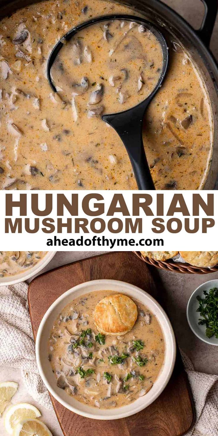 two images showing the different types of mushroom soup