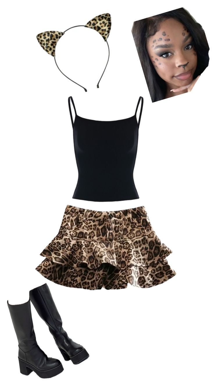 a woman wearing a leopard print skirt and black tank top with her hair tied back