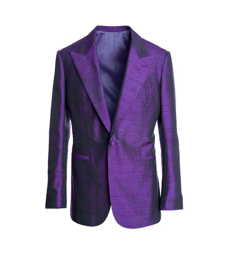 Purple Dupioni Silk Sport Coat Luxury Silk Outerwear For Fall, Winter Silk Blazer With Notch Lapel, Luxury Silk Formal Outerwear, Business Silk Outerwear With Notch Lapel, Silk Notch Lapel Business Outerwear, Winter Silk Outerwear For Formal Occasions, Luxury Outerwear With Concealed Placket For Formal Occasions, Silk Evening Outerwear With Pressed Crease, Designer Silk Blazer With Lapel Collar