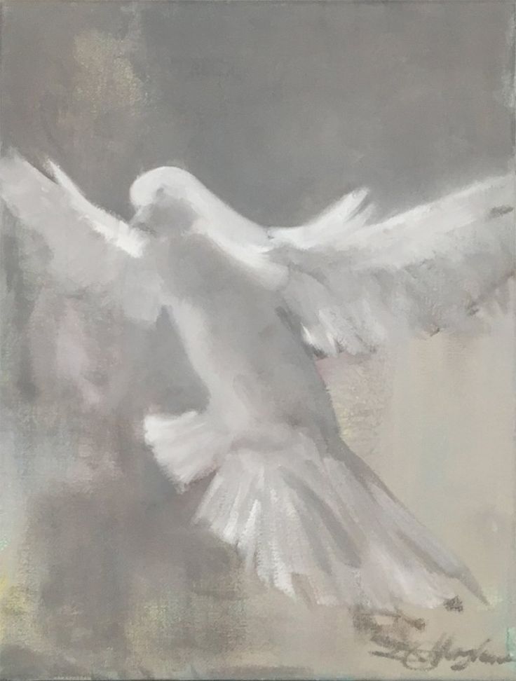 a painting of a white bird flying in the air with its wings spread out and it's eyes closed