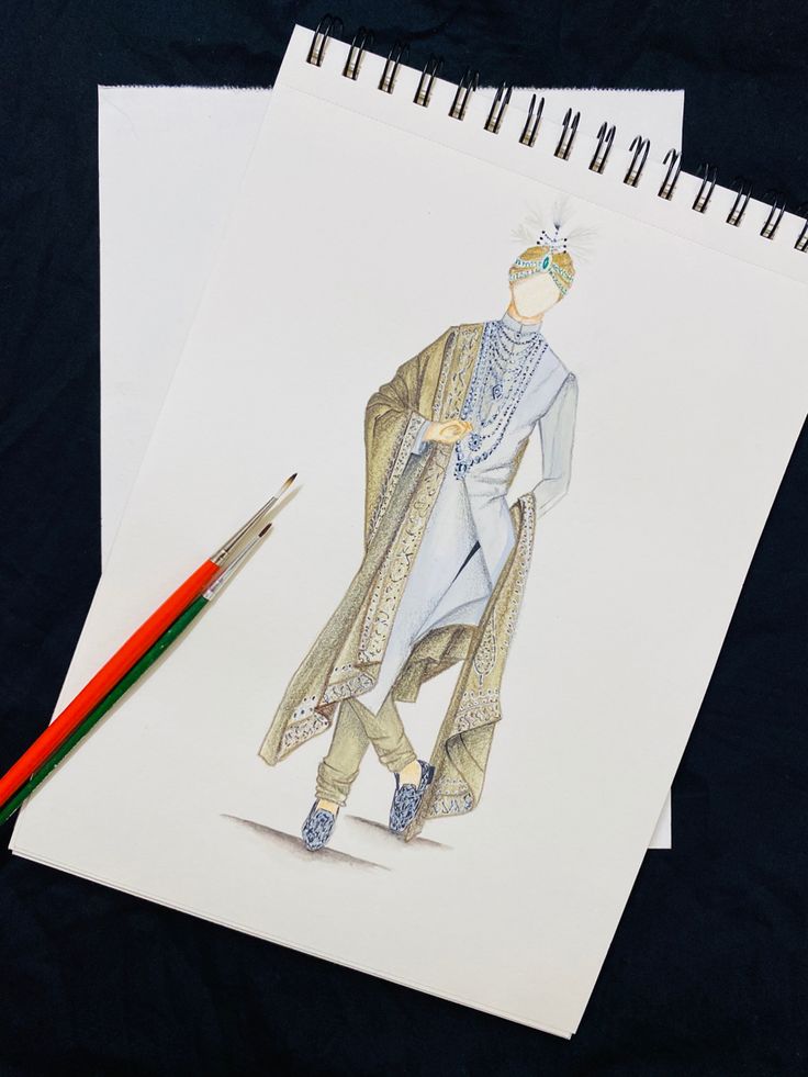 a drawing of a man in blue is next to a pencil and paper with an image on it