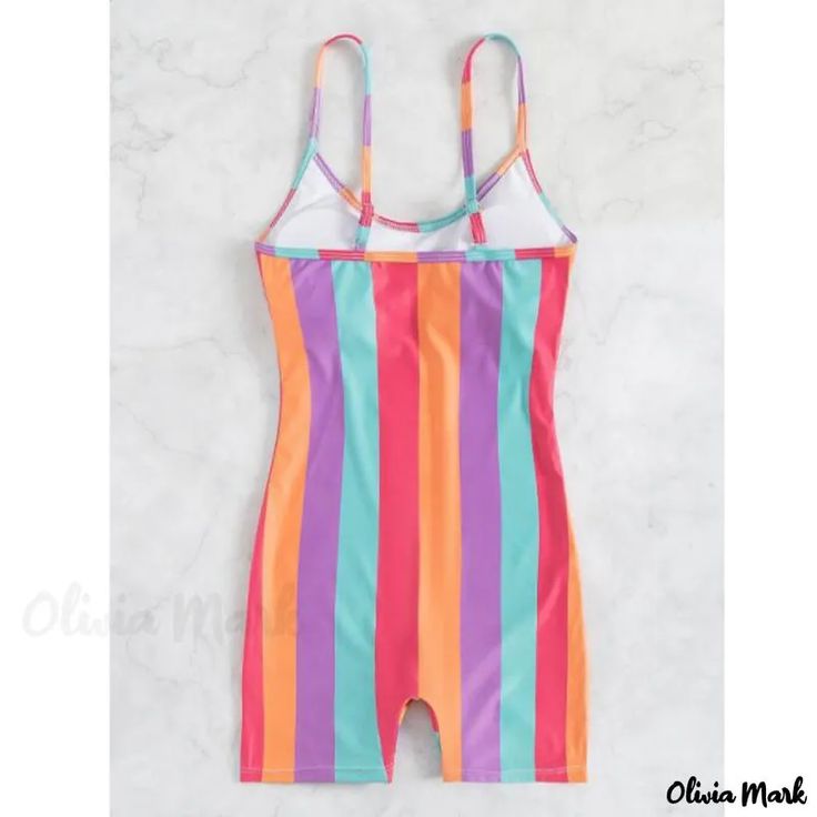 Olivia Mark - Rainbow Striped Halter One-Piece Swimsuit Slimming Swimsuit Sports Bikini Sleeveless Stretch Multicolor One Piece, Casual Fitted Color Block Swimwear, Sleeveless Color Block Bodysuit For Beach Season, Fitted Color Block Bodysuit, Casual Style, Casual Summer Gym Bodysuit, Fitted Color Block Casual Bodysuit, Casual Fitted Color Block Bodysuit, Multicolor Beachwear Bodysuit For Swimming, Multicolor Bodysuit For Swimming, Beach Season