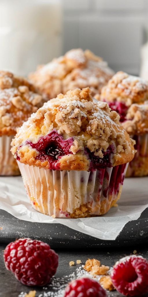 raspberry crumb muffins with powdered sugar and fresh berries on the side