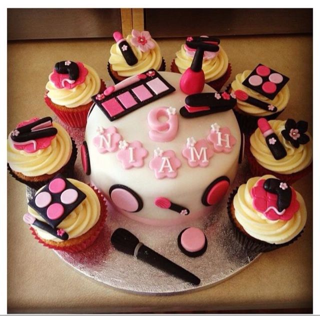 a birthday cake with cupcakes and makeup items on the top that says i love my mam