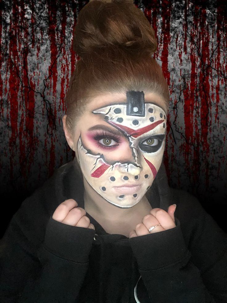 Jason Vorhees Makeup Women, Jason Face Makeup, Jason Make Up Halloween, Jason Halloween Makeup Women, Friday 13th Makeup Ideas, Jason Voorhees Makeup Female, Jason Mask Makeup, Jason Face Paint, Friday 13th Makeup