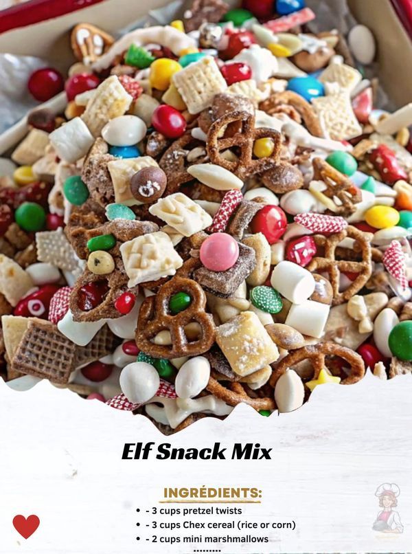 a pile of cereal mix in a red box with the words elf snack mix on it