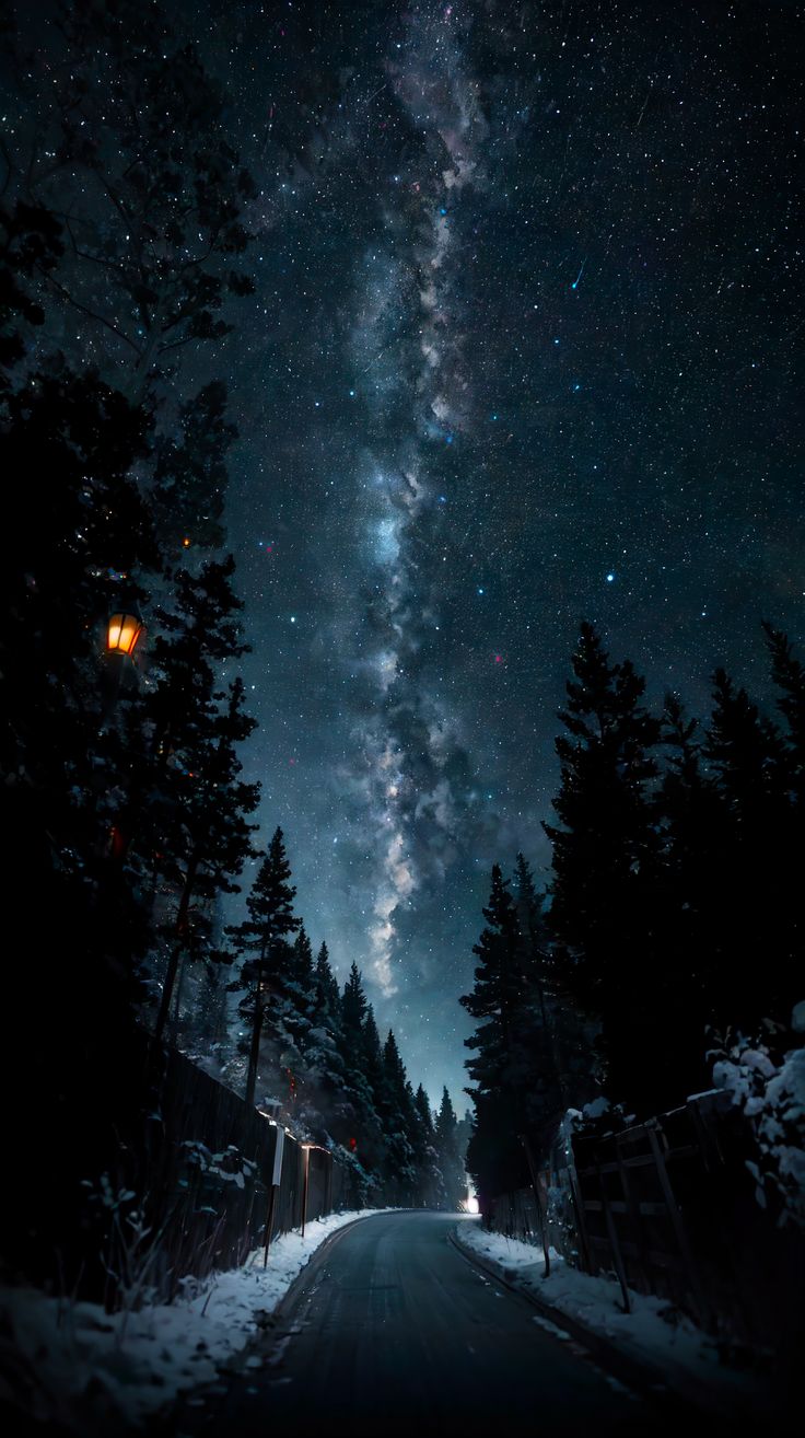 the night sky is filled with stars and trees