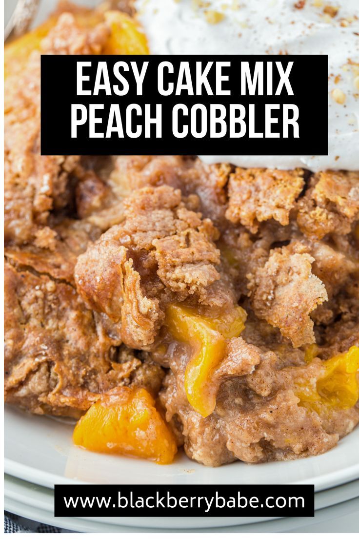 easy cake mix peach cobbler recipe on a white plate