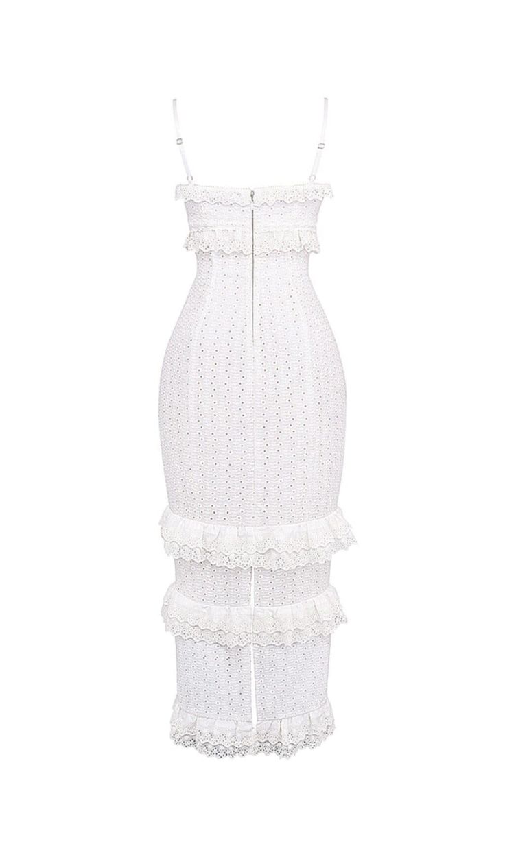 White Broderie Maxi DressGet ready for the warmth of Spring and endless Summer days with our White Broderie Maxi Dress. Made from dainty broderie anglaise, this dress exudes pretty drama and romance. The sweetheart neckline features underwired cups for added support, while the fitted bodice with internal side boning cinches and flatters your shape. With slim adjustable straps, you can customize the fit to your liking.Where to Wear Pretty date nights Alfresco dinner dates Champagne with the girls Bottomless brunches Garden parties Vacays Underwear SolutionNo bra required as it's cupped and lined, providing you with all the support you need.Key Features Made from dainty broderie anglaise Fully lined Stretch Factor: Little Stretch Dress Length: Approx 147cm Materials: New Dainty Embroidery An Chic Fitted Eyelet Midi Dress, Elegant Midi Dress With Eyelet Details, Elegant Midi Length Eyelet Dress, Square Neck Broderie Anglaise Daywear Dress, Feminine Eyelet Midi Dress, Feminine White Lace Dress With Square Neck, White Broderie Anglaise Dress With Square Neck, White Square Neck Dress With Broderie Anglaise, Elegant Eyelet Dresses For Daywear