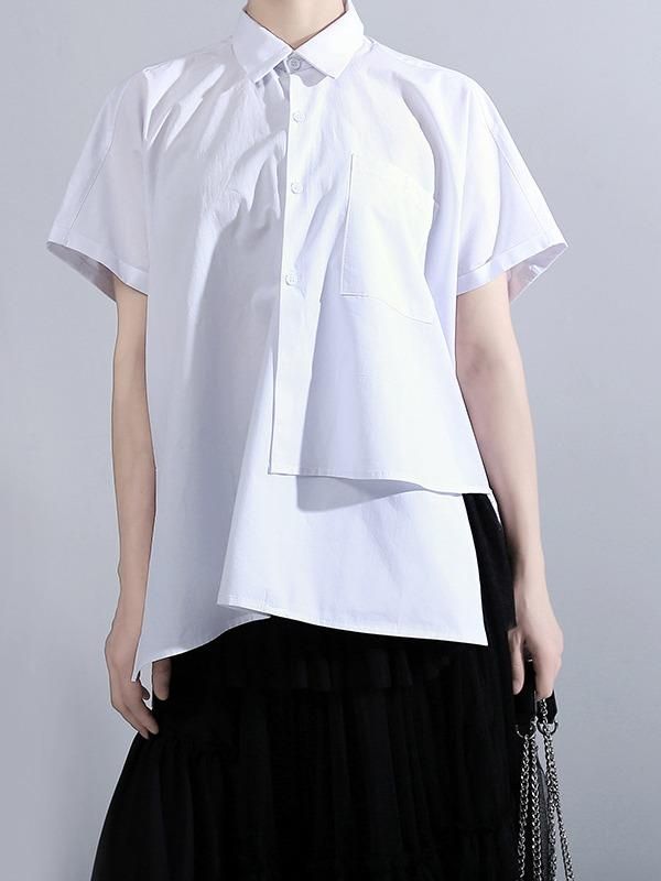 Sku CY-!60094 Material Polyester Style Loose , Short Sleeves , Original , Irregularity Feature Split-joint , Solid Neckline Lapel Occasion Casual , Simple , Original Creation Seasons Summer Type T-Shirts Tops Color BLACK,WHITE Size FREE SIZE Model's weight:49kg Model's height:168cm（66.14inches) Please consult the size chart we provide for this item's measurements to help you decide which size to buy.Please note: There may be 1-3cm differ due to manual measurement. INCH Bust Shoulder Length FREE SIZE 54.33 31.10 24.80-27.17 White Asymmetrical Tops For Workwear, White Asymmetrical Tops For Work, White Short Sleeve Shirt For Layering, Modern White Tops For Layering, White Short Sleeve Top For Layering, White Asymmetrical Cotton Shirt, Modern White Blouse With Shirttail Hem, Casual White Asymmetrical Tops, Modern White Short Sleeve Top