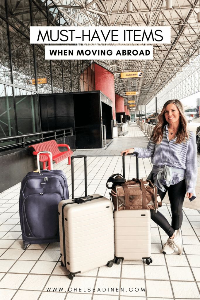 a woman standing next to three suitcases in an airport with the words must have items when moving arroad