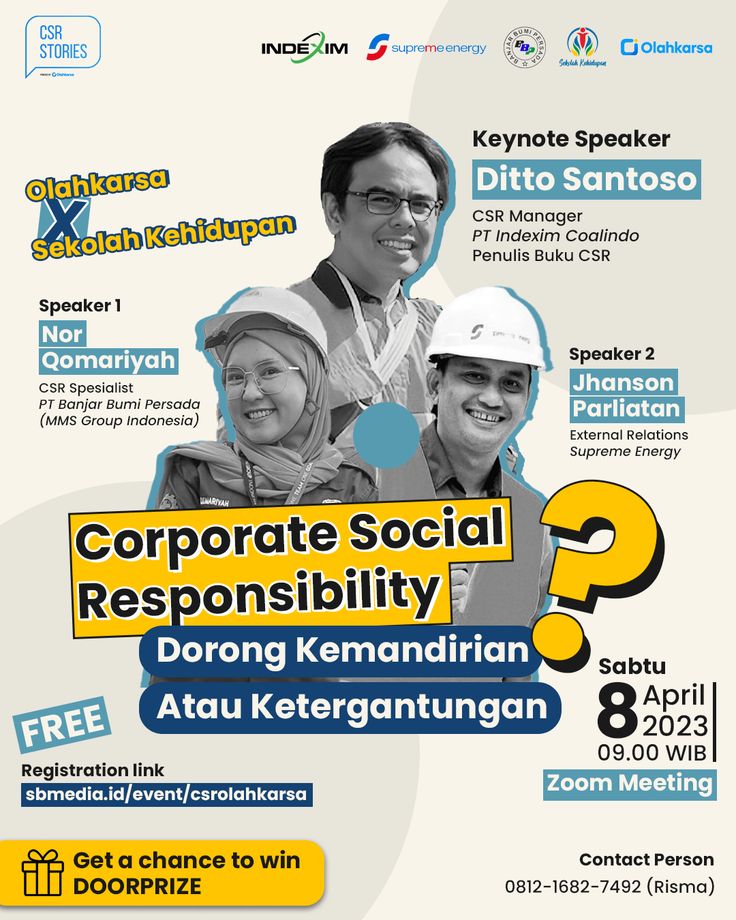 the poster for corporate social reponsibity is shown in blue and white with an image of three people