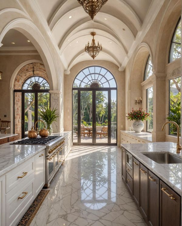 a large kitchen with an arched ceiling and marble counter tops