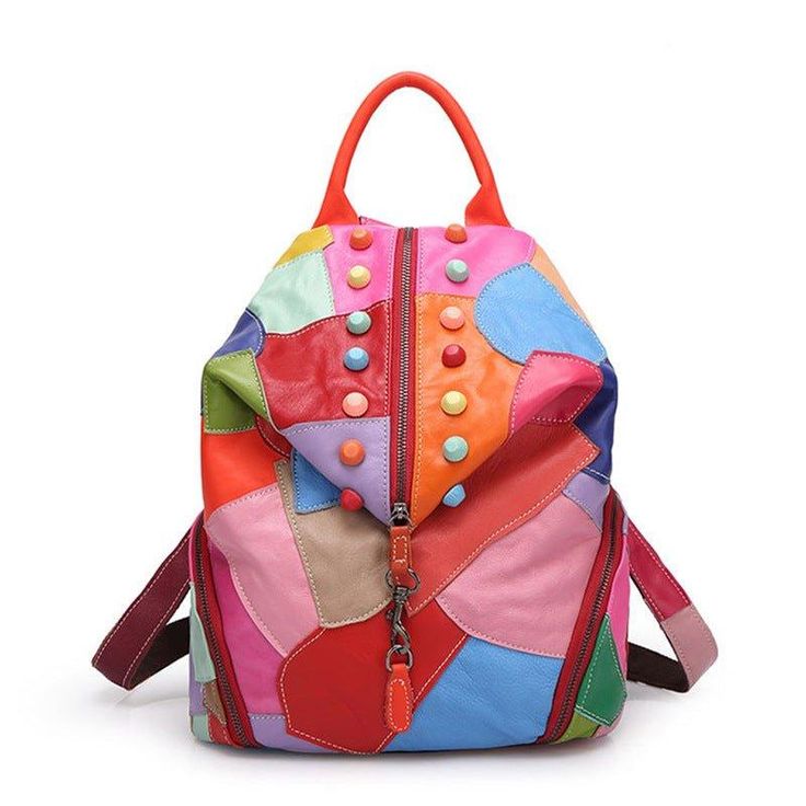 This colorful soft leather backpack is pretty,exquisite,colorful and beautiful backpack for woman and girls.Handmade patchwork travel backpack with rivet.Attractive,easy access and lightweight.      ITEM FEATURES     - 1 x Main Compartment - 1 x Interior Zipper Pocket - 2 x Slot Pockets - 1 x Back Zipper Pocket - 2 x Side Pockets - Genuine Leather & Durable - Adjustable Shoulder Strap - Rivet Decoration - Hold iPad 9.7"     ITEM DETAILS    *Item Type: Backpack *Material: Cowhide Leather *Size: L Sophisticated Backpack, Leather Backpacks School, Hammock Bag, Soft Leather Backpack, Stylish Lifestyle, Anti Theft Backpack, Backpack Material, Mode Casual, Estilo Punk