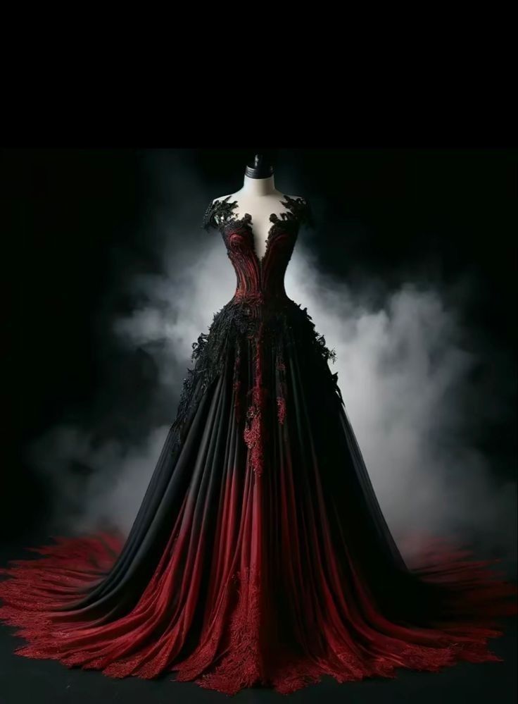 Dark Fantasy Gown, Dark Red Ball Gown, Dark Red Wedding, Villain Dresses, Black Wedding Gowns, Sleeve Tattoo Ideas, Black Ball Gown, Red Wedding Dress, Gothic Wedding Dress