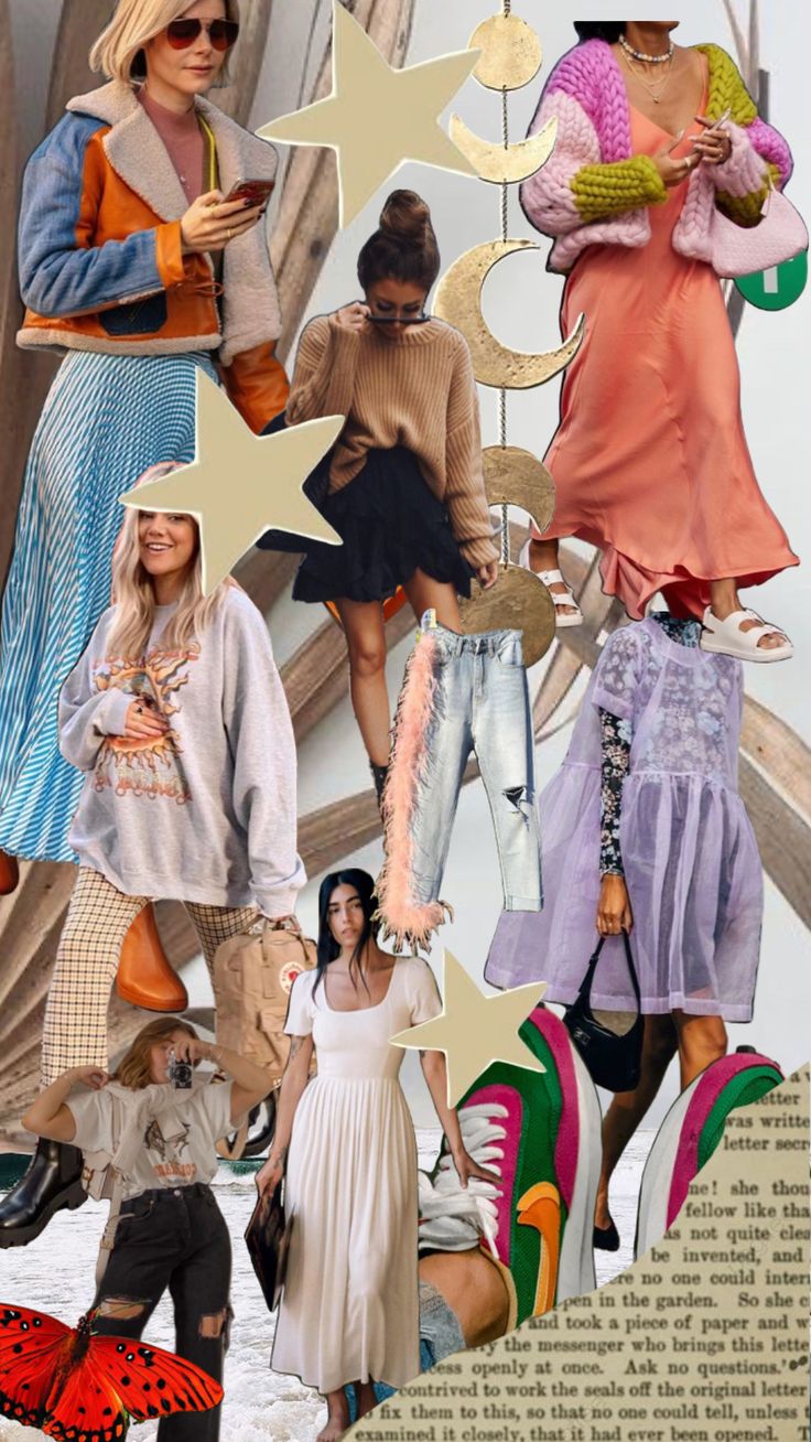 the collage shows many different types of women in dresses and hats, with stars on them