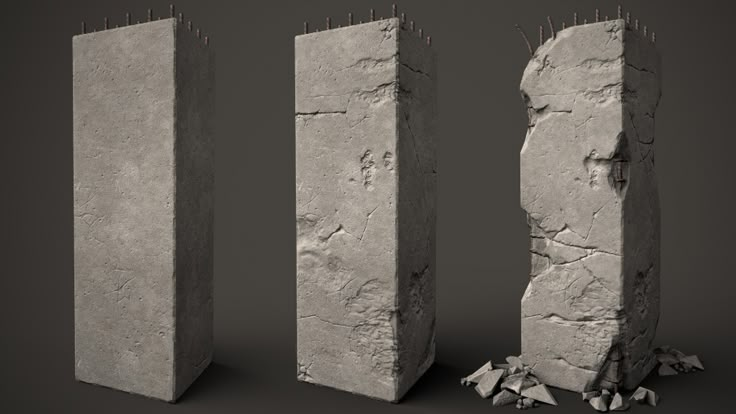 three concrete blocks with spikes sticking out of them