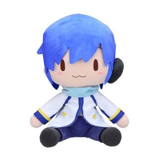 a stuffed animal toy with blue hair and white shirt on it's head, sitting in