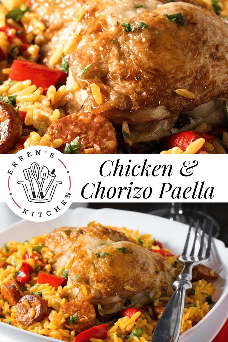 chicken and chorizo paella on a plate with a fork