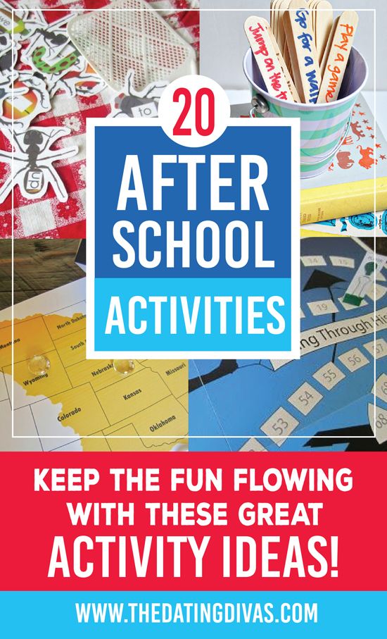 the text reads 20 after school activities keep the fun flowing with these great activity ideas