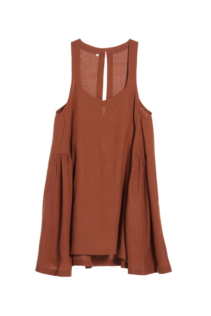 This item is final sale. A staple summer dress is crafted from breezy handwoven cotton fabric, cut for a relaxed fit and an A-line silhouette. The wide shoulder straps, deep pockets, scoop neckline and flowy fit are finishing touches to this sustainable dress. - Length: 36” - Fabric: Handwoven cotton - Color: Umber/brown Breezy Sleeveless Linen Dress For Spring, Bohemian Linen Tank Top For Summer, Sleeveless Linen Mini Dress For Summer, Flowy Cotton Dresses With Tie Straps, Chic Square Neck Tank Top For Vacation, Summer Cotton Sleeveless Dress With Adjustable Straps, Sleeveless Linen Summer Dress With Adjustable Straps, Scoop Neck Summer Dress For Vacation, Flowy Square Neck Sundress For The Beach