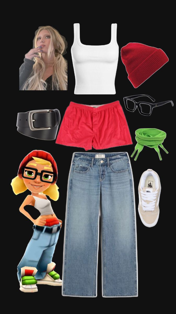 a woman's outfit and accessories are arranged in the shape of she is wearing glasses