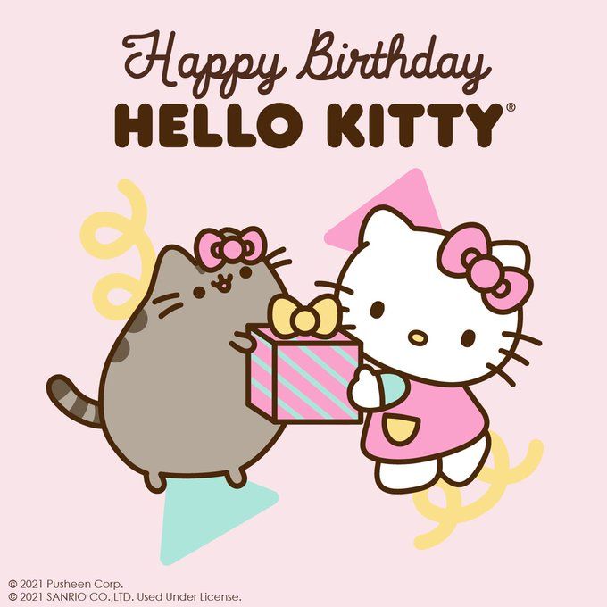 a hello kitty birthday card with an image of a cat and a kitten holding a gift box