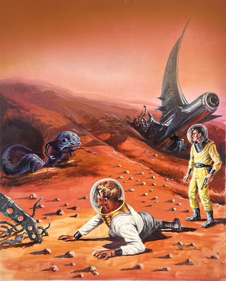 an artist's depiction of two astronauts on the red planet, one is falling to the ground