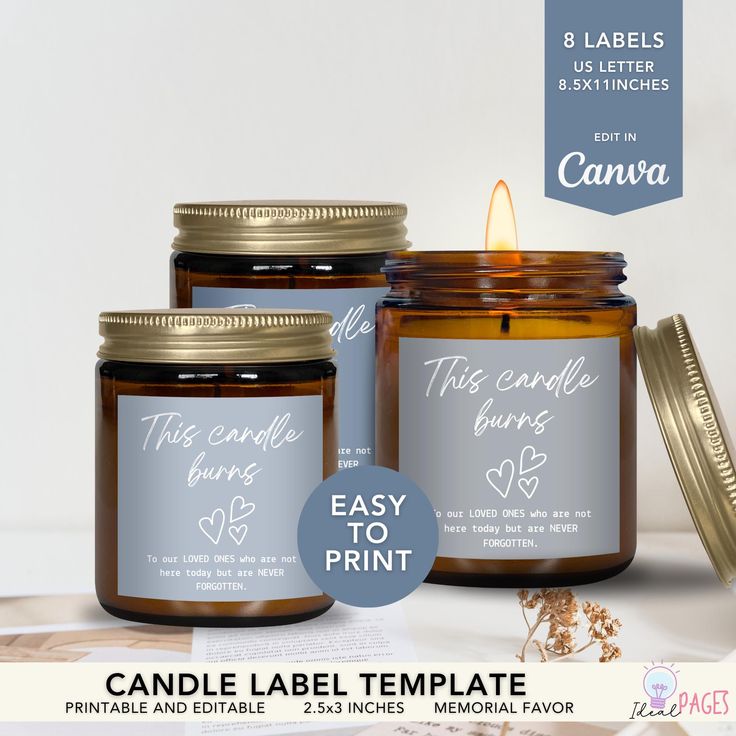 three candles with labels on them sitting next to each other and the candle is labeled easy to print