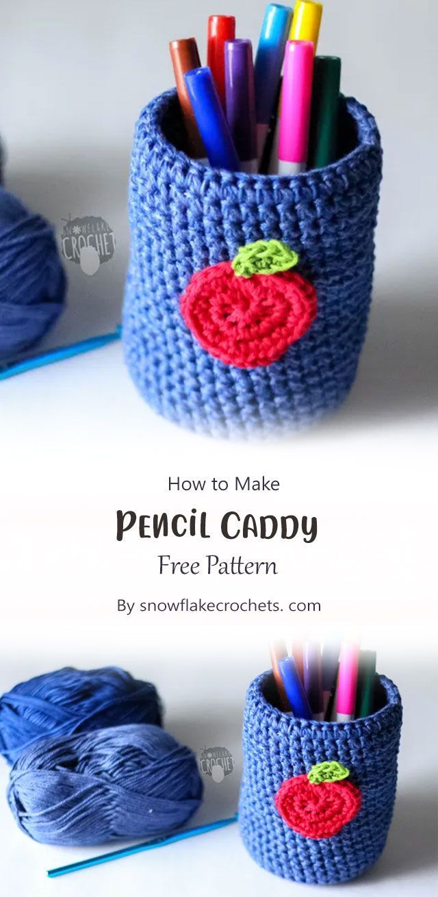 crocheted pencil holder with yarn and markers