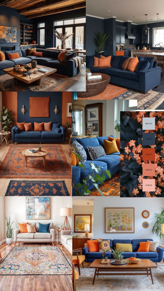 a collage of different living rooms with blue couches and orange pillows on them