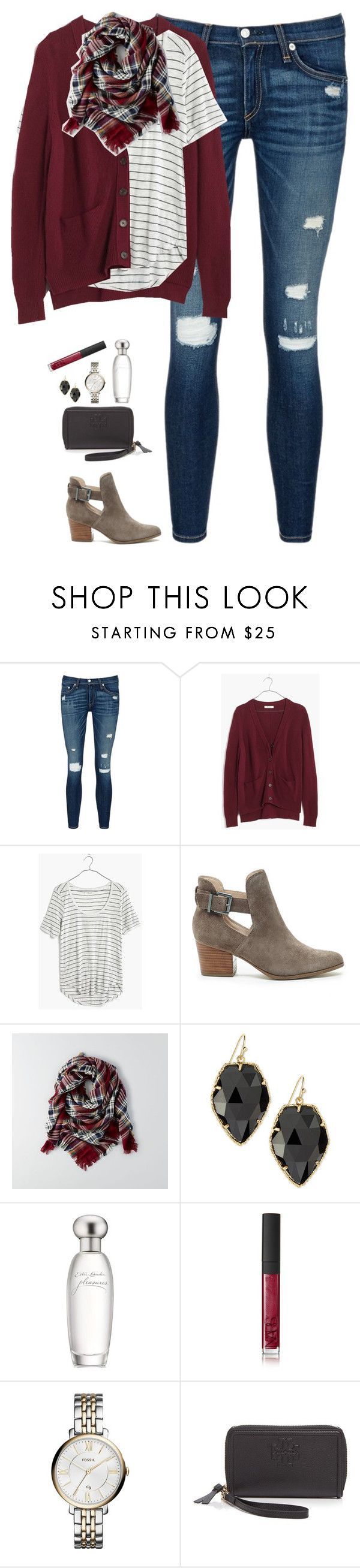 "Burgundy cardigan, plaid scarf & striped tee" by steffiestaffie ❤️ liked on Polyvore featuring rag & bone/JEAN, Madewell, Sole Society, American Eagle Outfitters, Kendra Scott, EstÃ©️️e Lauder, NARS Cosmetics, FOSSIL and Tory Burch Holey Jeans, Clothes Comfy, Scarf Sweater, Mode Shoes, Burgundy Cardigan, The Cardigans, Striped Shirts, Sole Society, Burgundy Color