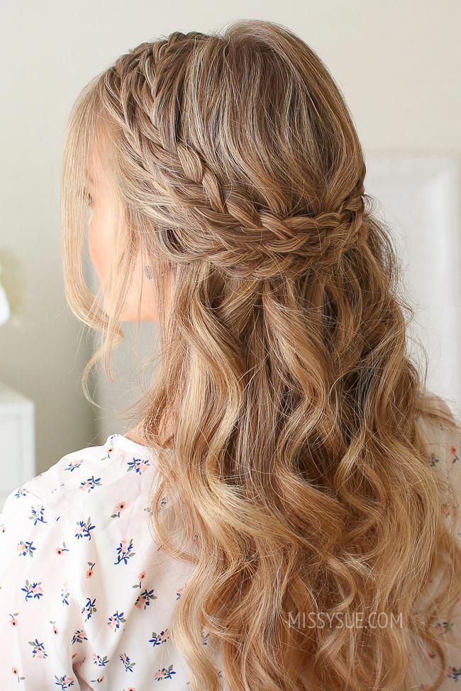 Half Up Double Wrapped Braids | MISSY SUE #weddingbraids Prom Half Up Hair, Wrapped Braids, Missy Sue, Half Up Wedding Hair, Bridesmaid Hair Long, Ball Hairstyles, Bridesmaid Hair Half Up, Bridesmaid Hair Short, Penteado Cabelo Curto