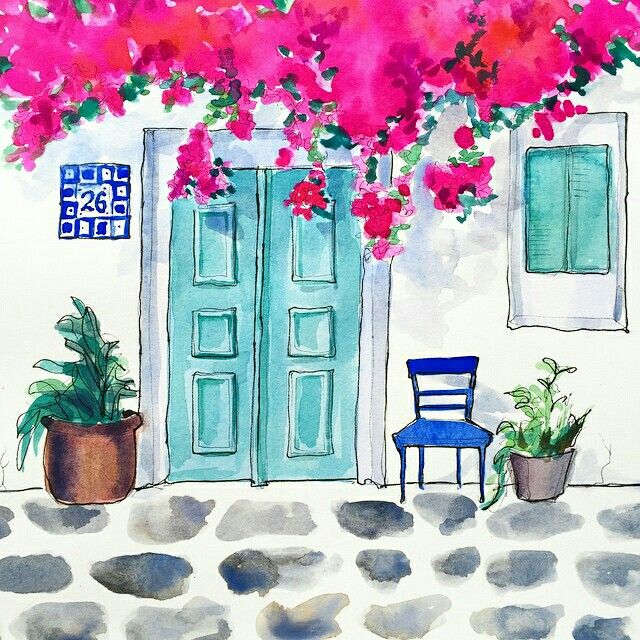 a watercolor painting of a blue door with pink flowers on it and a chair in front