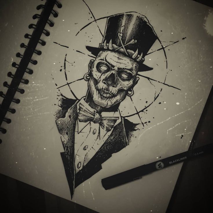 a drawing of a skeleton wearing a top hat and bow tie with a pen in front of it