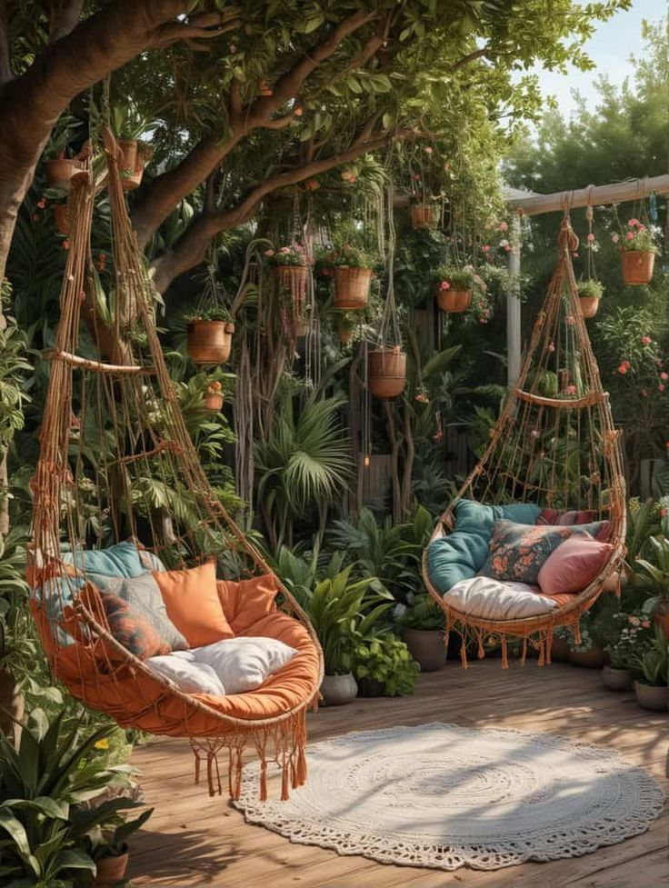 an outdoor area with hanging chairs and plants