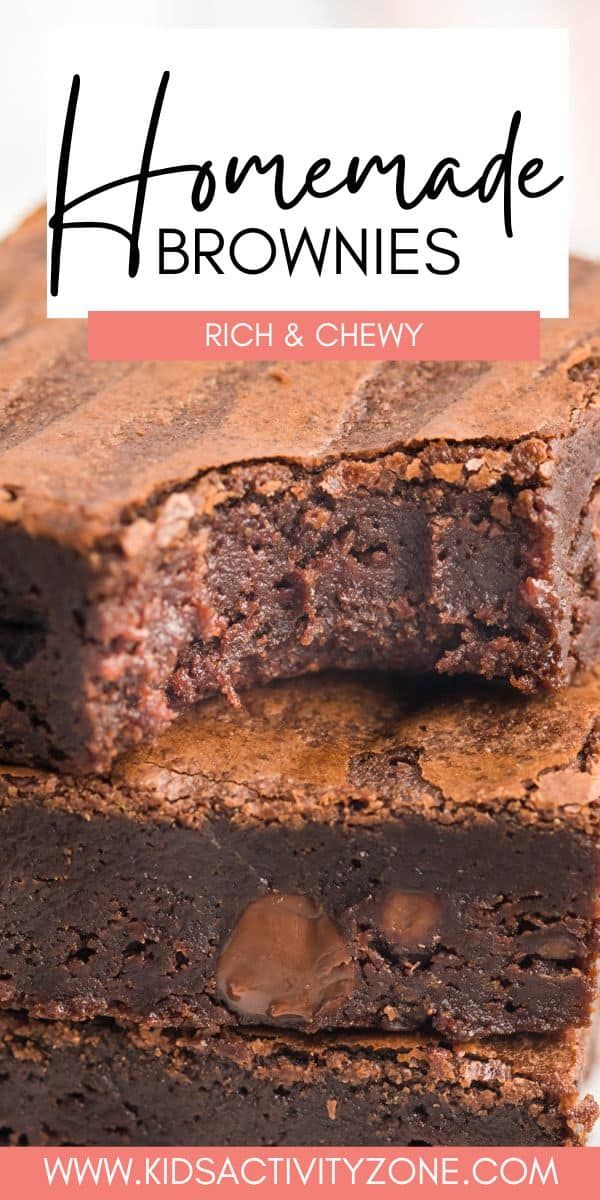 chocolate brownies stacked on top of each other with text overlay reading homemade brownies rich & chewy