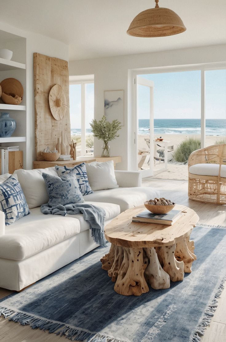 a living room filled with furniture and a wooden table in front of a large window