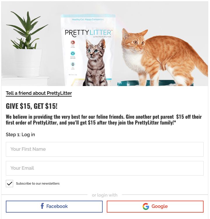 a web page with an image of two cats on it and the caption reads pretty litter give $ 15, get $ 15