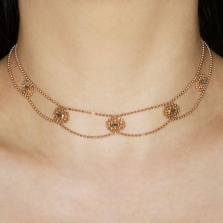 The perfect choker necklace for layering! From Elements collection, beautiful natural champagne baguette diamonds set in 14k diamond cut bead rose gold chain, it's soft and comfortable to wear. A statement necklace with pretty sparkles from the amazing diamond cut bead chain. Details: -14k rose gold -necklace 13 in to 16 in adjustable length -approx. 0.85ct natural champagne baguette diamonds -handmade in NYC Rose Gold Jewelry Set Indian, Bridgeton Accessories, Gold Beaded Choker, A Sirkar, Gold Choker Necklace Indian, Gold Beads Necklace, Champagne Jewelry, Jewelry Necklace Simple, Gold Jewelry Set