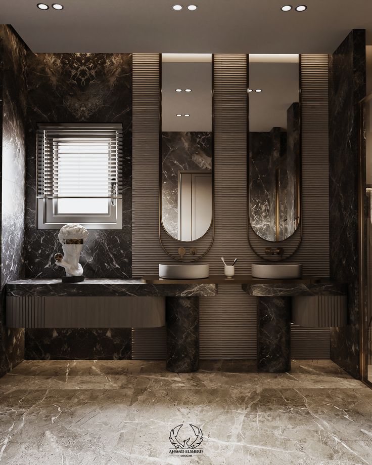 an elegant bathroom with marble counter tops and sinks, along with two mirrors on the wall