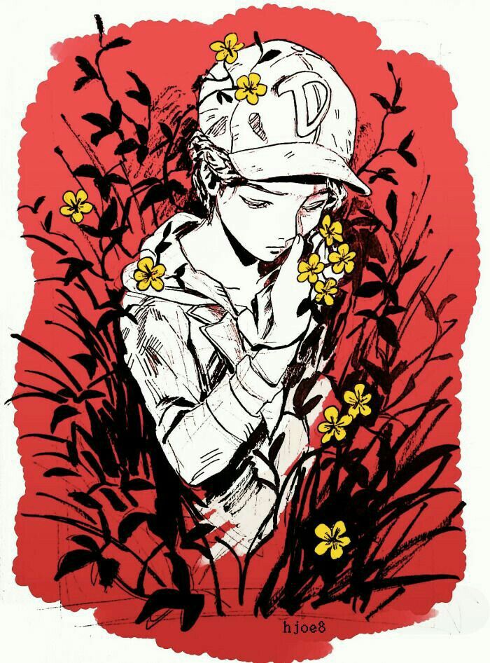 a drawing of a person with a hat and flowers in front of red background,