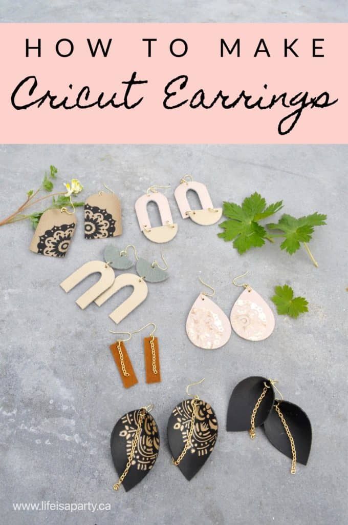 the words how to make cricut earrings are shown in front of an assortment of different